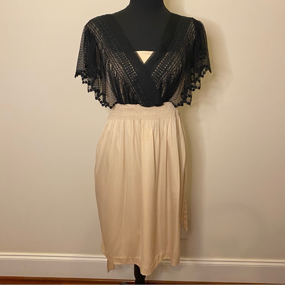 Catherine Malandrino Flutter Sleeve Black Tan Lace Dress